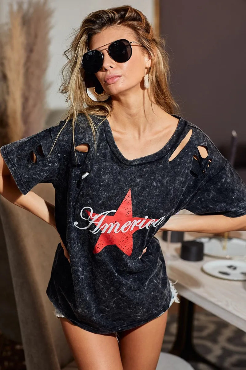BiBi Laser Cut Mineral Washed Jersey Top with America - Love Salve